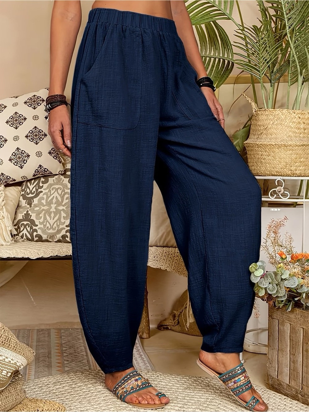 Women's Navy Harem Pants with Pockets - Picture 2 of 3